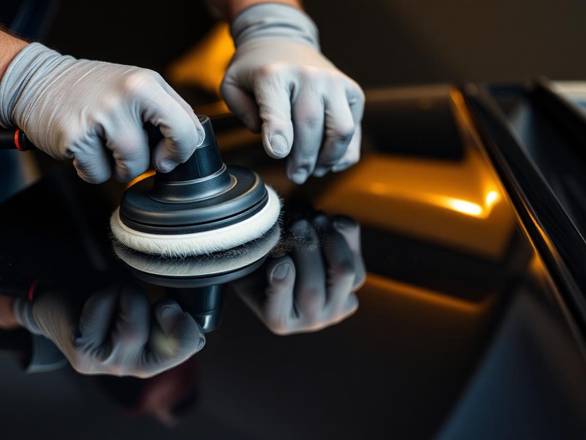 Detailer poliert Fahrzeuglack mit Exzenterpoliermaschine